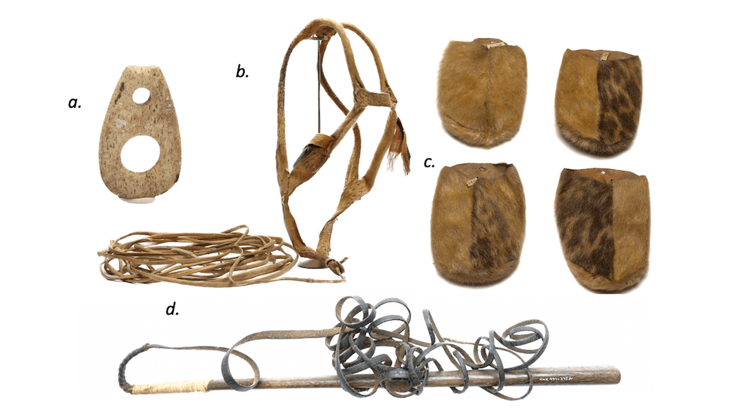 The established universal indicators of the study: a. Trace buckle from Iglulik (1924), b. Dog harness, Inuinnait, Northwest Territories (1922), c. Dog shoes, Inughuit, Cape York, Northern Greenland, Cape York (1905), d. Dog whip from the National Museum of Greenland
