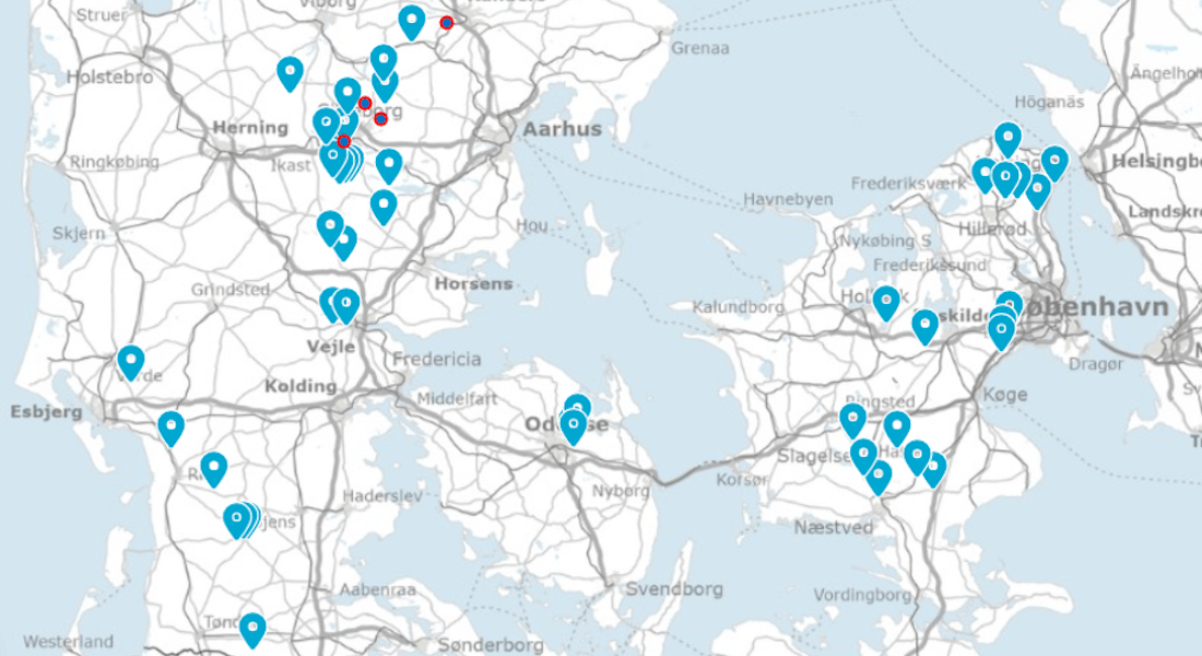 Geographical location of eDNA sampling spots in Danish freshwater streams carried out from January to April 2026. Four newly highlighted monitoring points on the project map, marked with red circles, are expanding the dataset beyond Denmark’s standard monitoring network.